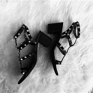 Rockstud open toe black heels